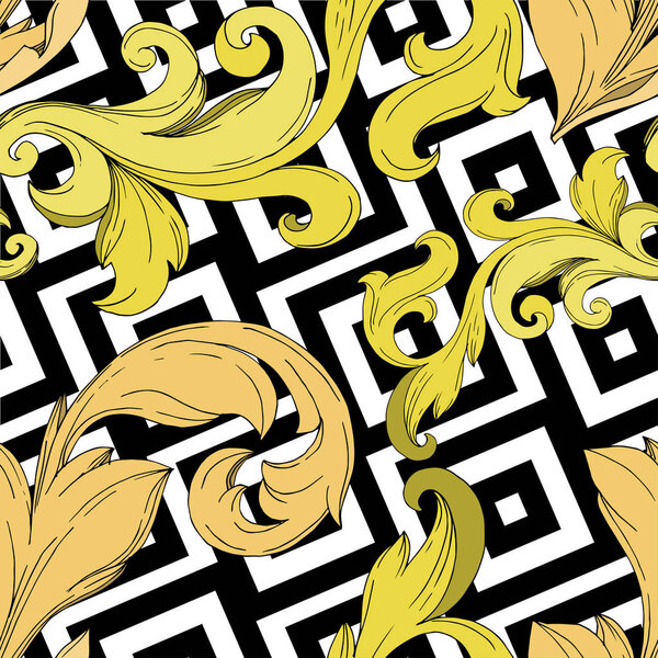 Vector Golden monogram floral ornament. Black and white engraved ink art. Seamless background pattern.