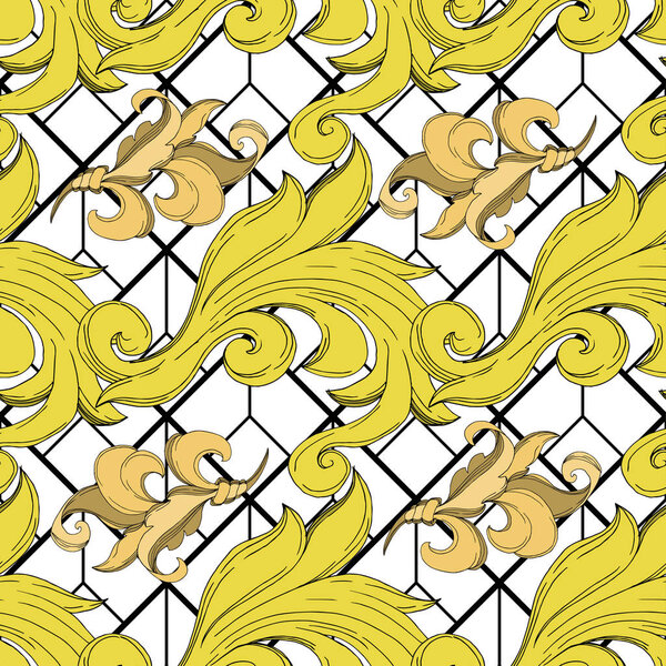 Vector Golden monogram floral ornament. Black and white engraved ink art. Seamless background pattern.