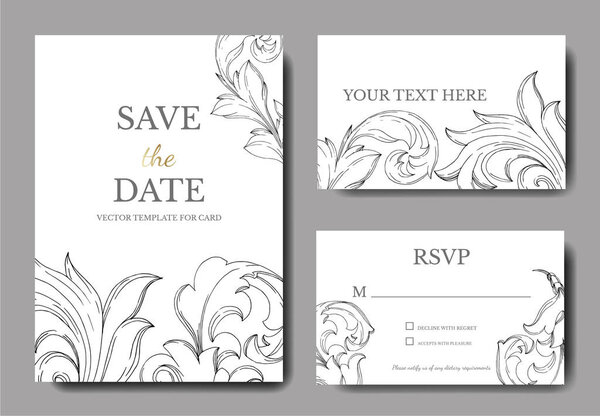 Векторный барочный цветочный орнамент. Черно-белый рисунок чернил. Декоративная граница свадебной карточки
.