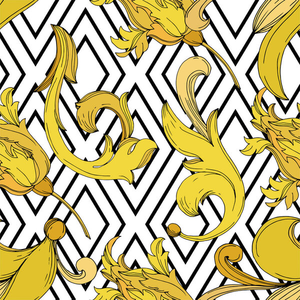Vector Golden monogram floral ornament. Black and white engraved ink art. Seamless background pattern.