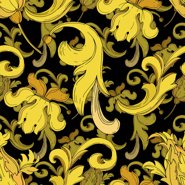 Vector Golden monogram floral ornament. Black and white engraved ink art. Seamless background pattern.