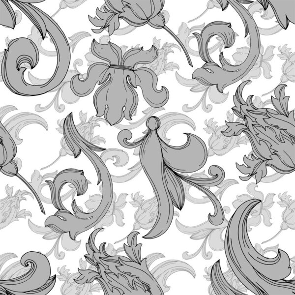 Vector Baroque monogram floral ornament. Black and white engraved ink art. Seamless background pattern.