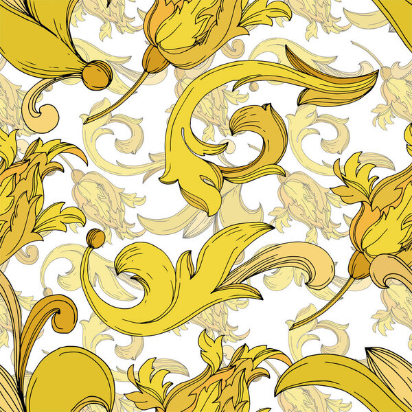 Vector Golden monogram floral ornament. Black and white engraved ink art. Seamless background pattern.