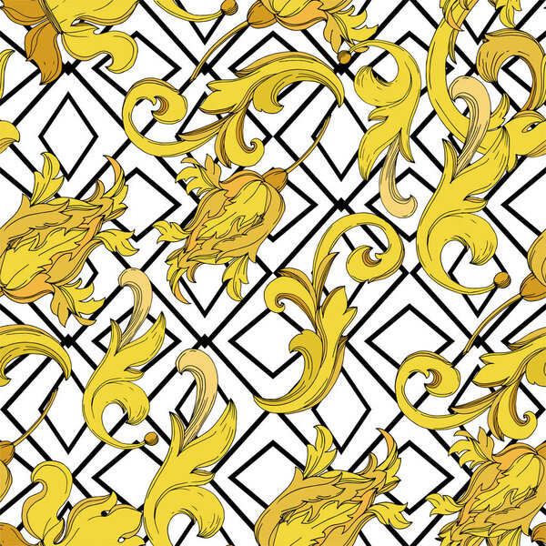 Vector Golden monogram floral ornament. Black and white engraved ink art. Seamless background pattern.