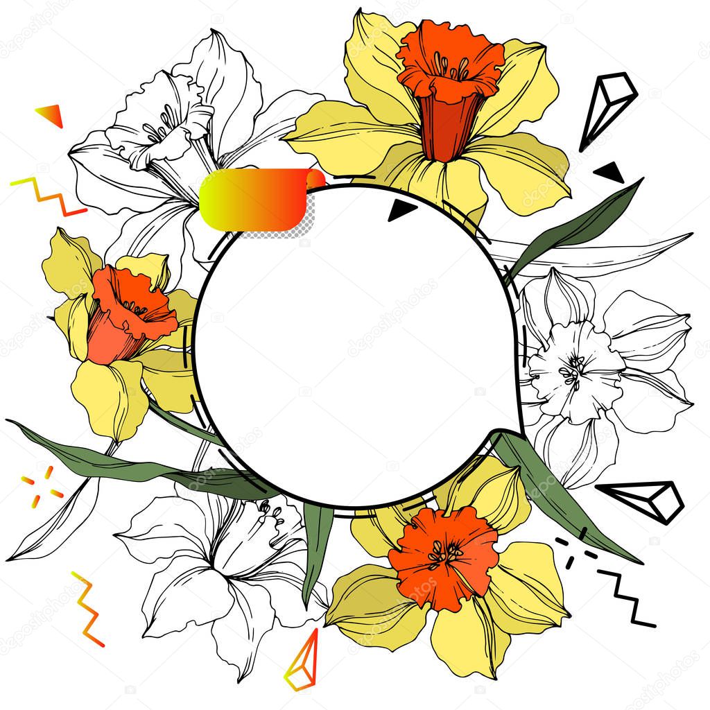 Vector Label tags set. Engraved ink art. Isolated sticker illustration element. Narcissus floral botanical flower.