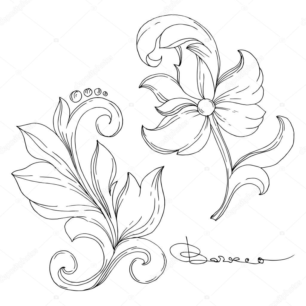 Vector Golden monogram floral ornament. Isolated ornament illustration element. Black and white engraved ink art.