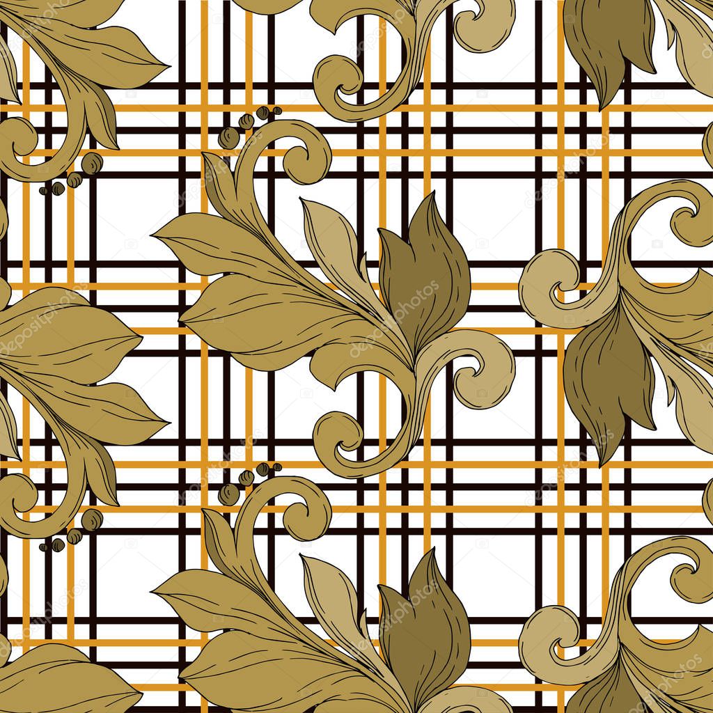 Vector Golden monogram floral ornament. Black and white engraved ink art. Seamless background pattern.