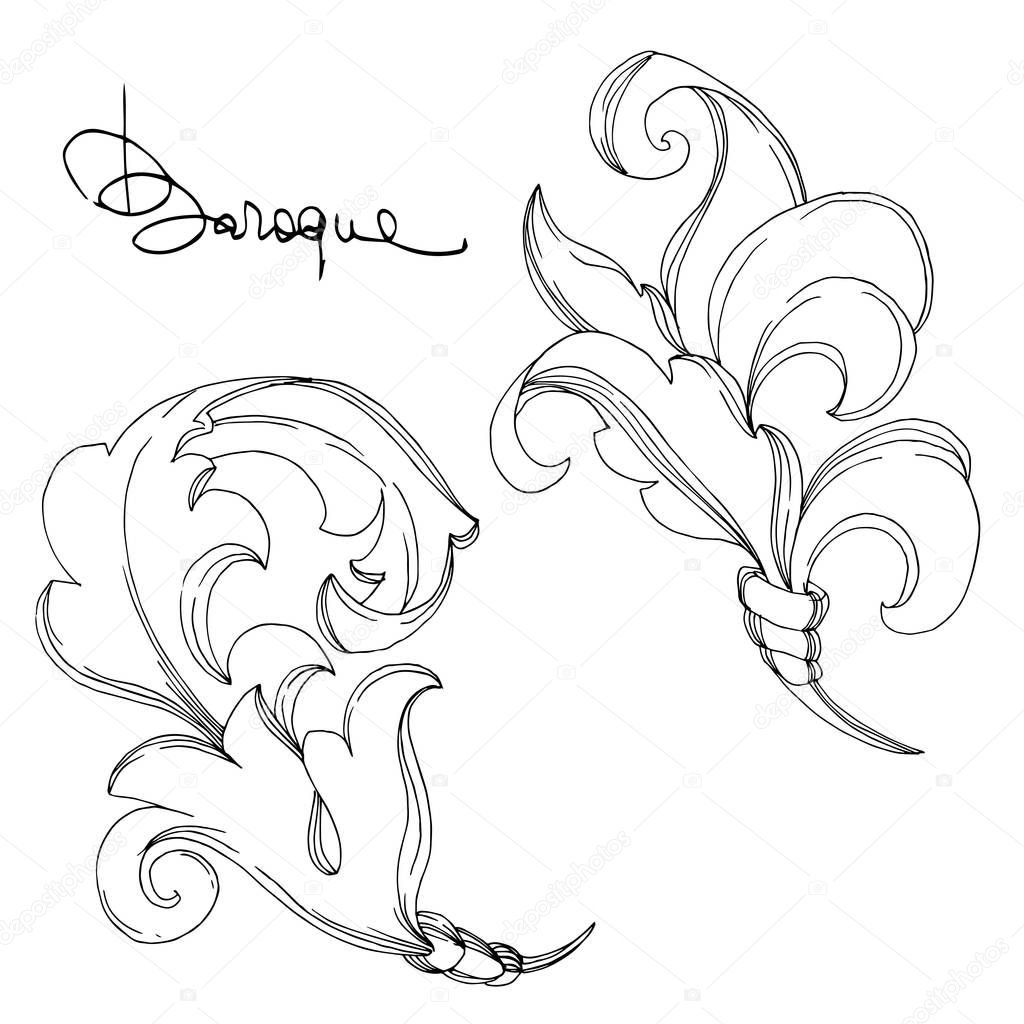 Vector Baroque Monogram floral ornament. Black and white engraved ink art. Isolated ornament illustration element.