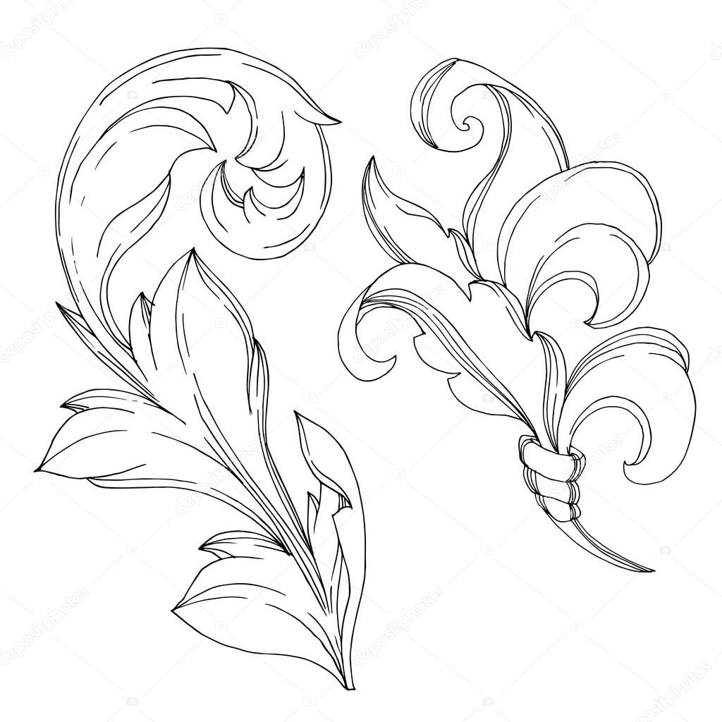 Vector Baroque Monogram floral ornament. Black and white engraved ink art. Isolated ornament illustration element.