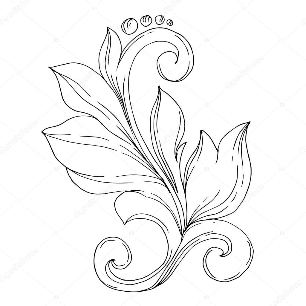 Vector Golden monogram floral ornament. Isolated ornament illustration element. Black and white engraved ink art.