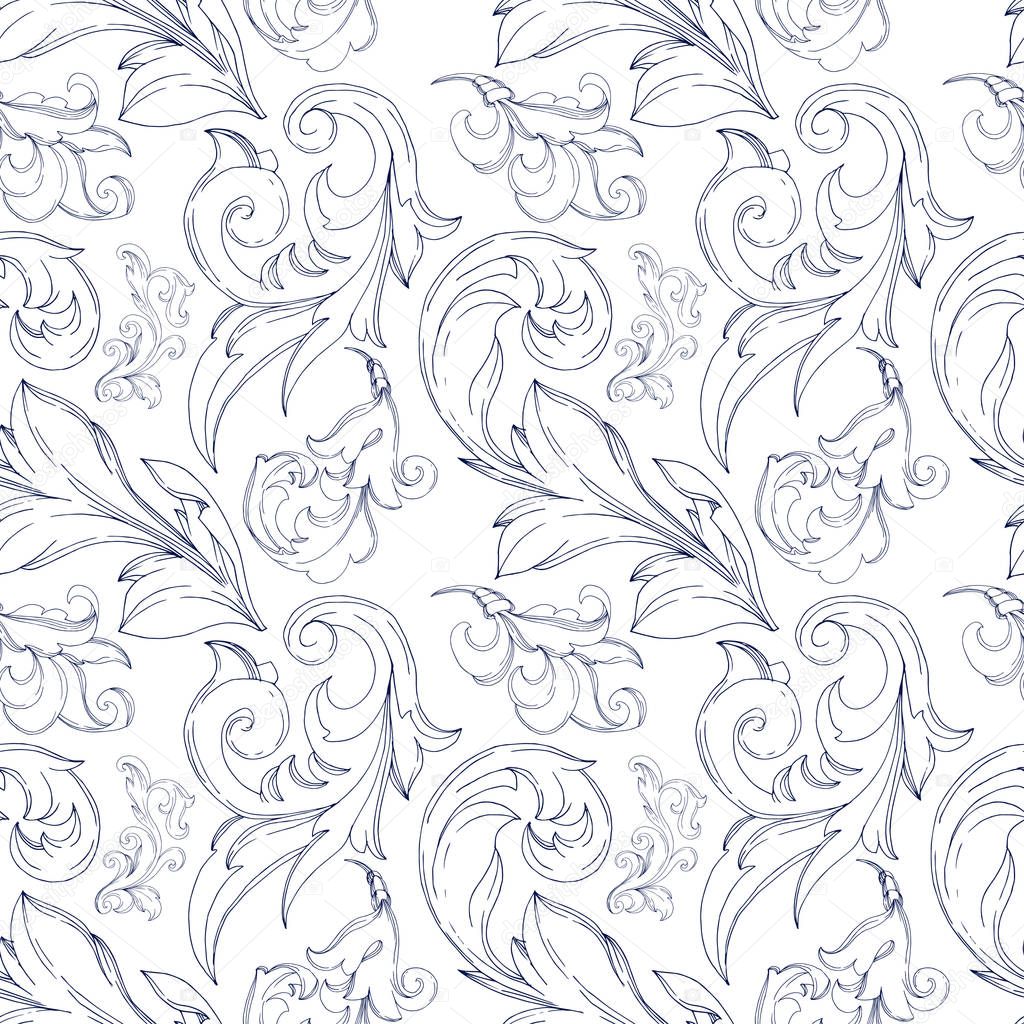 Vector Baroque monogram floral ornament. Black and white engraved ink art. Seamless background pattern.