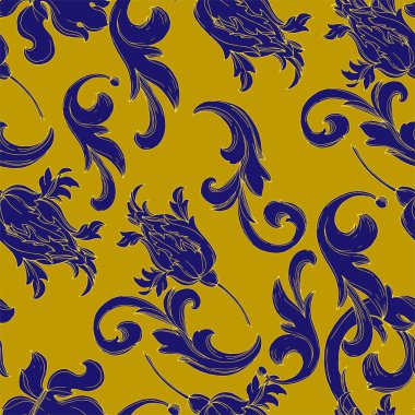 Vektör Altın Monogram Çiçek Süsü. Siyah beyaz işlemeli mürekkep sanatı. Kusursuz arkaplan deseni.