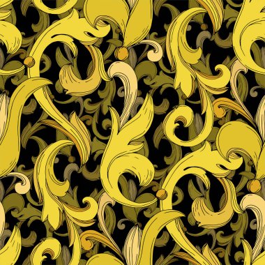 Vektör Altın Monogram Çiçek Süsü. Siyah beyaz işlemeli mürekkep sanatı. Kusursuz arkaplan deseni.