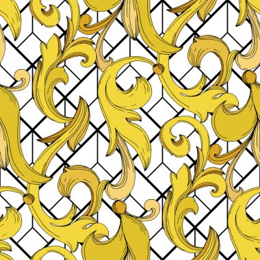 Vektör Altın Monogram Çiçek Süsü. Siyah beyaz işlemeli mürekkep sanatı. Kusursuz arkaplan deseni.