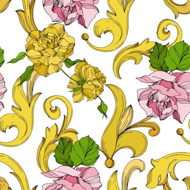 Vektör Altın Monogram Çiçek Süsü. Siyah beyaz işlemeli mürekkep sanatı. Kusursuz arkaplan deseni.