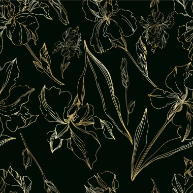 Vektör Iris çiçekli botanik çiçekleri. Siyah ve beyaz oymalı.