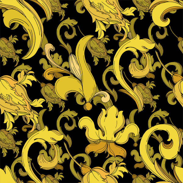 Vector Golden monogram floral ornament. Black and white engraved ink art. Seamless background pattern.