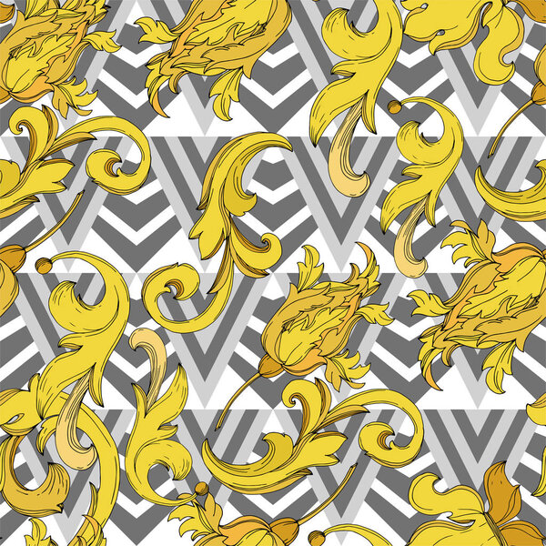 Vector Golden monogram floral ornament. Black and white engraved ink art. Seamless background pattern.