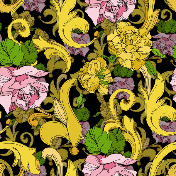 Цветочный орнамент векторной золотой монограммы. Черно-белый рисунок чернил. Бесшовный рисунок фона
.