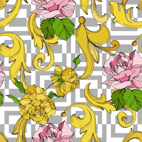 Adorno floral Vector Monograma dorado. Tinta grabada en blanco y negro. Patrón de fondo sin costuras . — Vector de stock