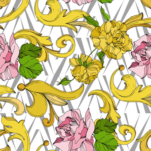Vector Golden monogram floral ornament. Black and white engraved ink art. Seamless background pattern.