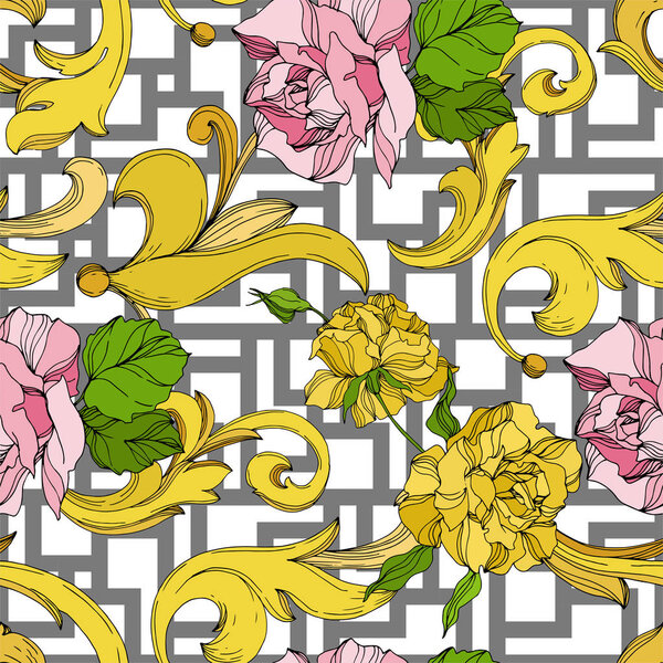 Цветочный орнамент векторной золотой монограммы. Черно-белый рисунок чернил. Бесшовный рисунок фона
.