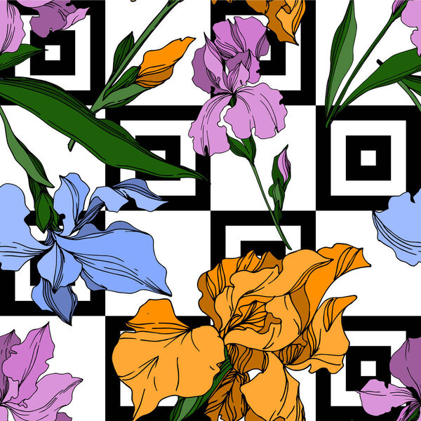 Векторные ирис цветочные ботанические цветы. Черно-белая гравировка i
