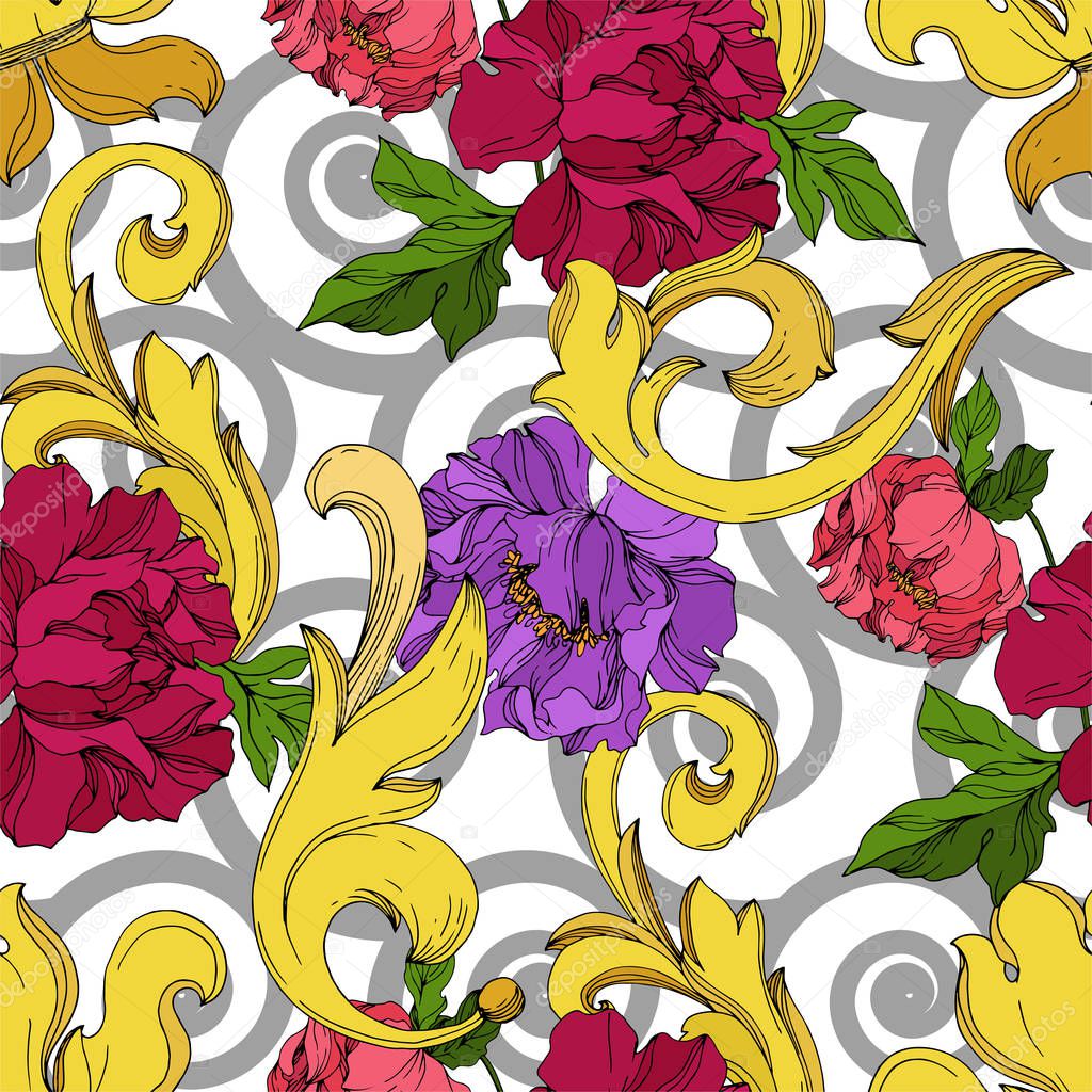 Vector Golden monogram floral ornament. Black and white engraved ink art. Seamless background pattern.