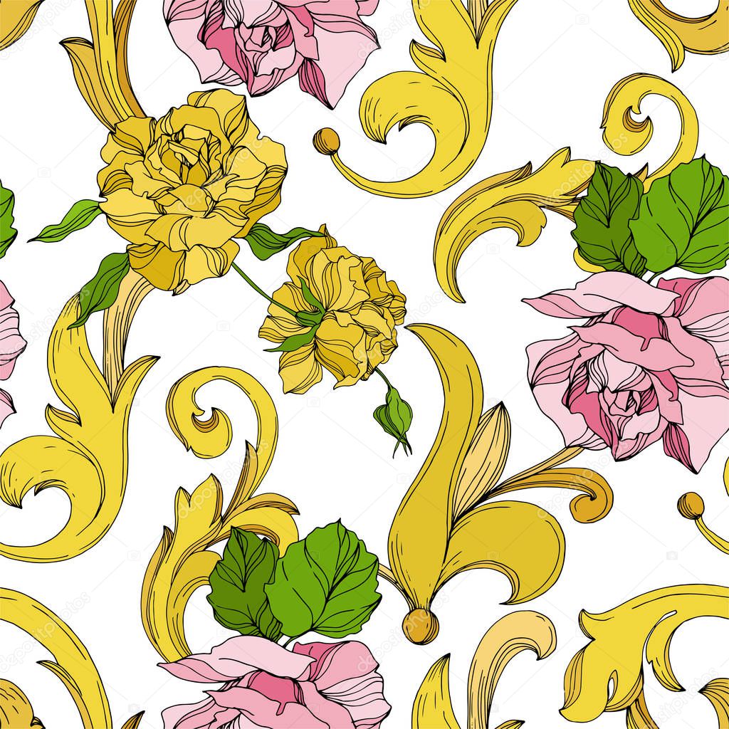 Vector Golden monogram floral ornament. Black and white engraved ink art. Seamless background pattern.