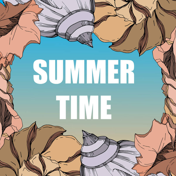 Vector Summer beach seashell tropical elements. Black and white 