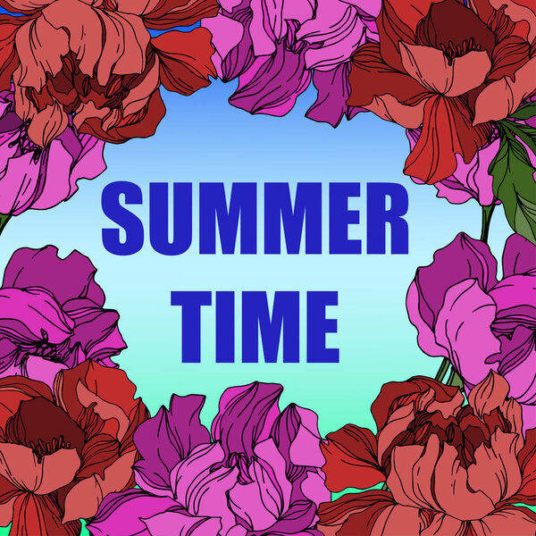 Vector Peony floral botanical flowers. Black and white engraved 