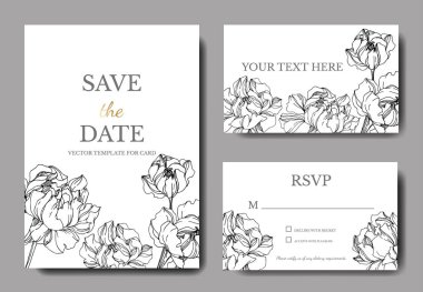 Vektör Şakayık Çiçek Botanik Çiçekleri. Siyah beyaz işlemeli mürekkep sanatı. Düğün arkaplan kartı çiçek dekoratif kenarı. Teşekkür ederim, RSVP, davetiye şık kart illüstrasyon grafik pankartı.