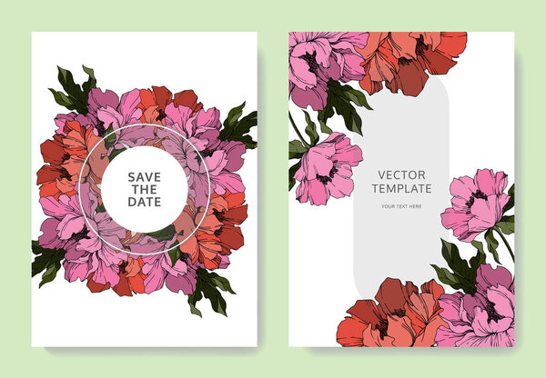 Vector Peony floral botanical flowers. Black and white engraved ink art. Wedding background card decorative border. Thank you, rsvp, invitation elegant card illustration graphic set banner.