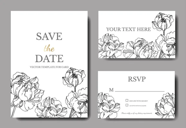ベクトル牡丹の花植物の花 黒と白の刻まインクアート 結婚式の背景カードの花の装飾国境 ありがとう Rsvp 招待エレガントなカードイラストグラフィックセットバナー — ストックベクタ