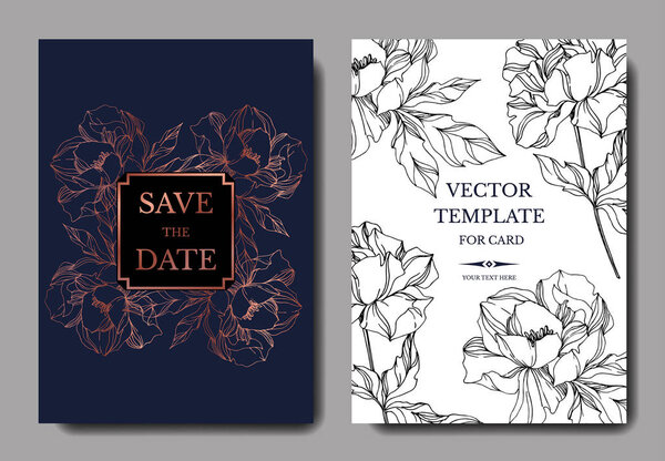 Vector Peony floral botanical flowers. Black and white engraved ink art. Wedding background card floral decorative border. Thank you, rsvp, invitation elegant card illustration graphic set banner.