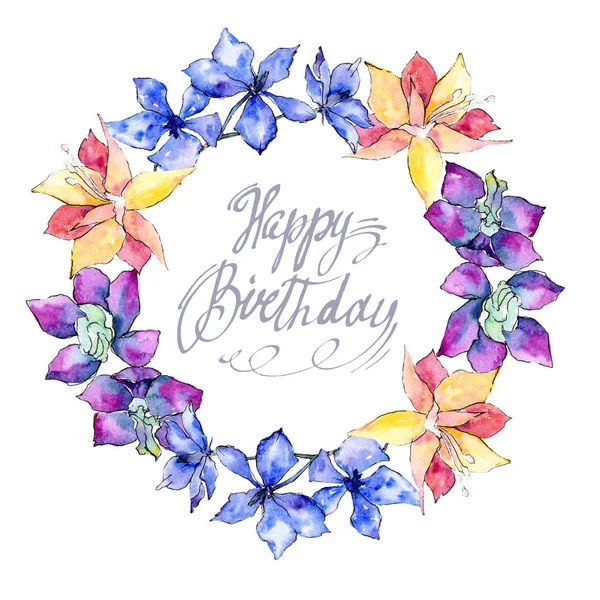 Fleurs d'orchidée pourpres, jaunes et blanches. Joyeux anniversaire écriture calligraphie monogramme. Illustration de fond aquarelle. Cadre bordure ornement couronne . — Photo de stock