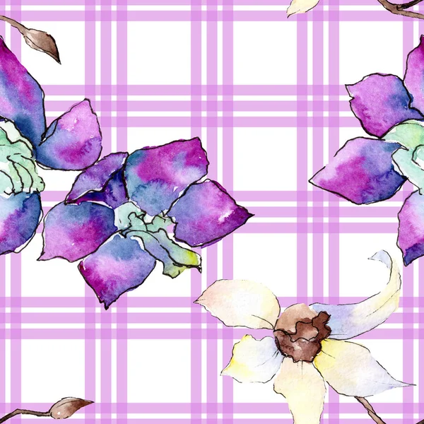 Purple and white orchid flowers. Seamless background pattern. Fabric wallpaper print texture. Watercolor background illustration. — Stock Photo