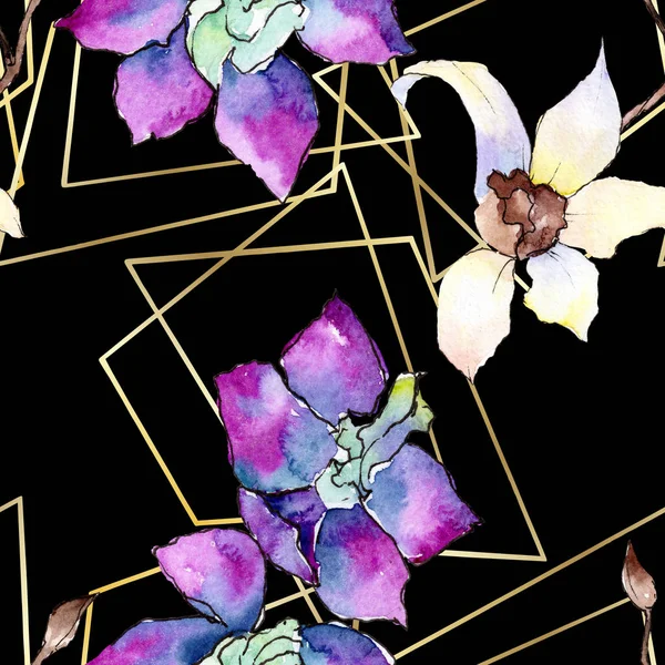 Flores de orquídeas roxas e brancas. Padrão de fundo sem costura. Tecido papel de parede impressão textura. ilustração fundo aquarela. Forma de mosaico de cristal poliedro geométrico . — Fotografia de Stock