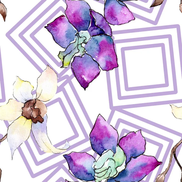 Purple and white orchid flowers. Seamless background pattern. Fabric wallpaper print texture. Watercolor background illustration. — Stock Photo