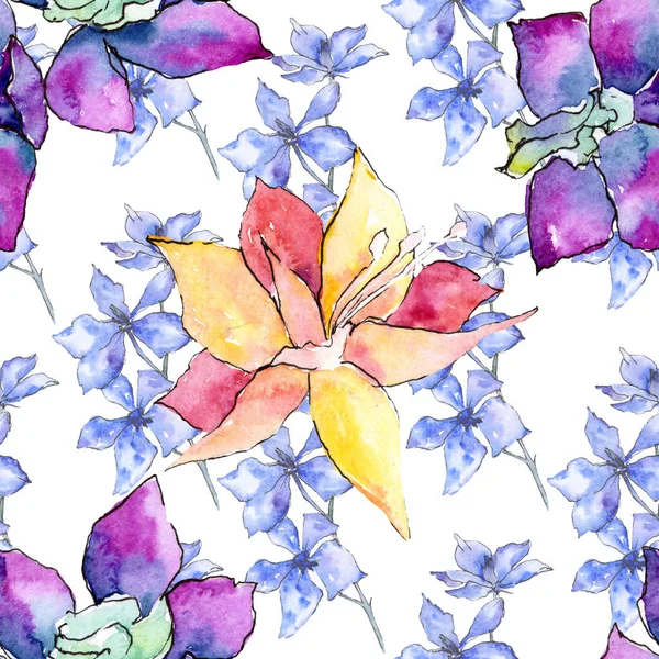 Violette und gelbe Orchideenblüten. nahtlose Hintergrundmuster. Textur für Stofftapeten. Aquarell Hintergrundillustration. — Stockfoto