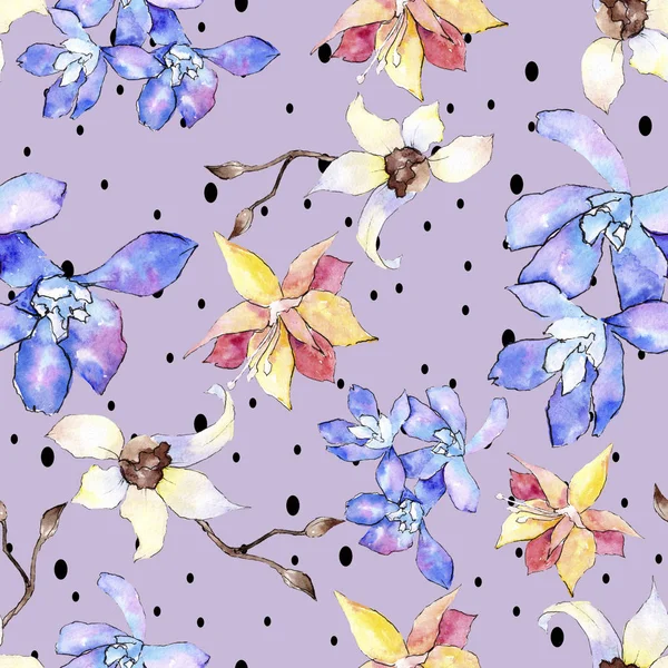 Violette, gelbe und weiße Orchideenblüten. nahtlose Hintergrundmuster. Textur für Stofftapeten. Aquarell Hintergrundillustration. — Stockfoto