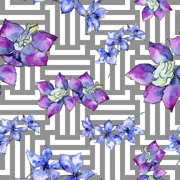 Purple orchid flowers. Seamless background pattern. Fabric wallpaper print texture. Watercolor background illustration. — Stock Photo