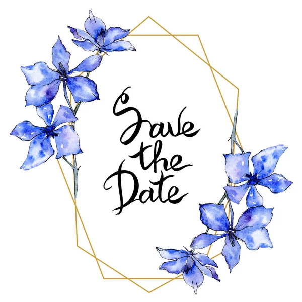 Purple orchid flowers. Save the Date handwriting monogram calligraphy. Watercolor background. Golden polygonal frame. Geometric polyhedron crystal shape. — Stock Photo