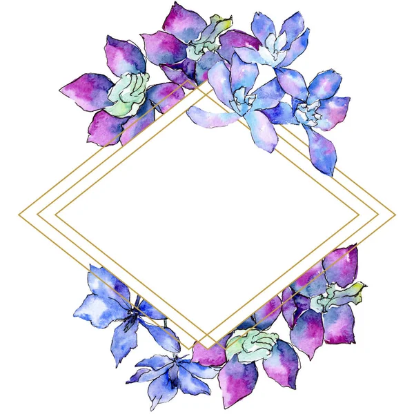 Purple orchid flowers. Watercolor background illustration. Frame border ornament rhombus. Geometric polyhedron crystal mosaic shape. — Stock Photo