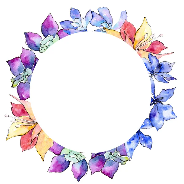 Violette, gelbe und weiße Orchideenblüten. Aquarell-Hintergrundillustration. Rahmen Bordüre Schmuck Kranz. — Stockfoto