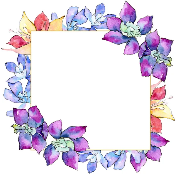 Violette, gelbe und weiße Orchideenblüten. Aquarell-Hintergrundillustration. Goldener Rahmen Bordüre mit floralem Ornament Quadrat. — Stockfoto