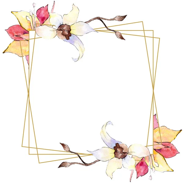 Yellow and white orchid flowers. Watercolor background illustration. Golden square polygonal frame with flowers. Geometric polyhedron crystal shape. — Stock Photo