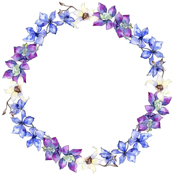 Violette und weiße Orchideenblüten. Aquarell-Hintergrundillustration. Rahmen Bordüre Schmuck Kranz. — Stockfoto