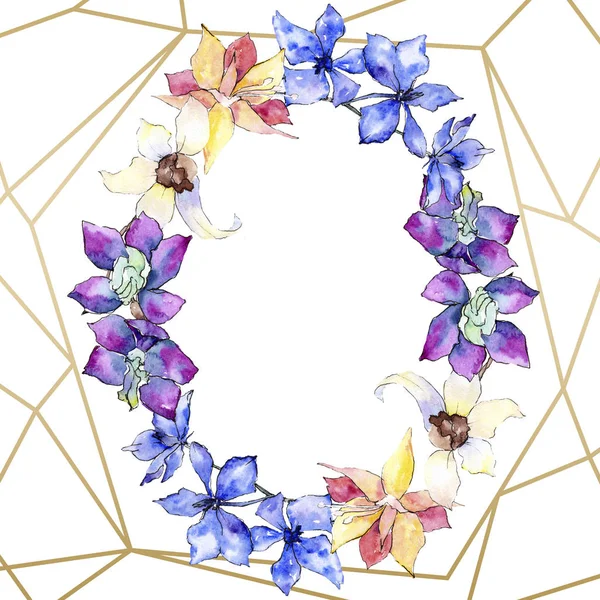 Fleurs d'orchidée pourpres, jaunes et blanches. Illustration de fond aquarelle. Cadre polygonal doré avec fleurs. forme géométrique de cristal de polyèdre . — Photo de stock