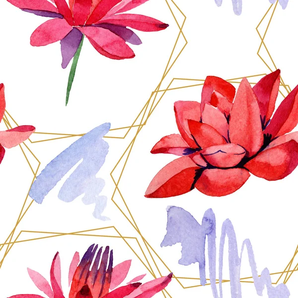 Red lotus flowers. Watercolor background illustration. Seamless background pattern. Fabric wallpaper print texture. — Stock Photo